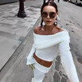 Fall Intellectual Minimal Long Sleeve Off-Shoulder Boat Neck Crop Long Skirt + Top 2-Piece Set