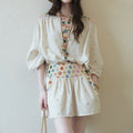 Women's Bohemian Ethnic Lantern Sleeve Long Sleeve High Waist Lantern Skirt + Top 2-P - Top Beige