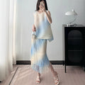 Issey Miyake Style Gradient Two-Piece Set - Sleeveless Top plus Fringe Skirt