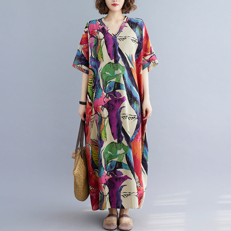 Women's Summer Vacation Minimal Plus Size Linen Cotton V-Neck Printed Loose Long Skir - Apricot