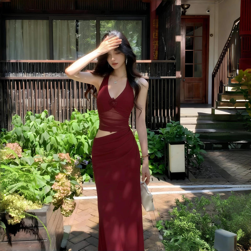 Red Floral Backless Halter Bodycon Long Dress, Summer