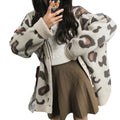 Women's Fall-Winter Korean Fashion Knit Wool Long Sleeve Loose Leopard Sweater + Card - Pink