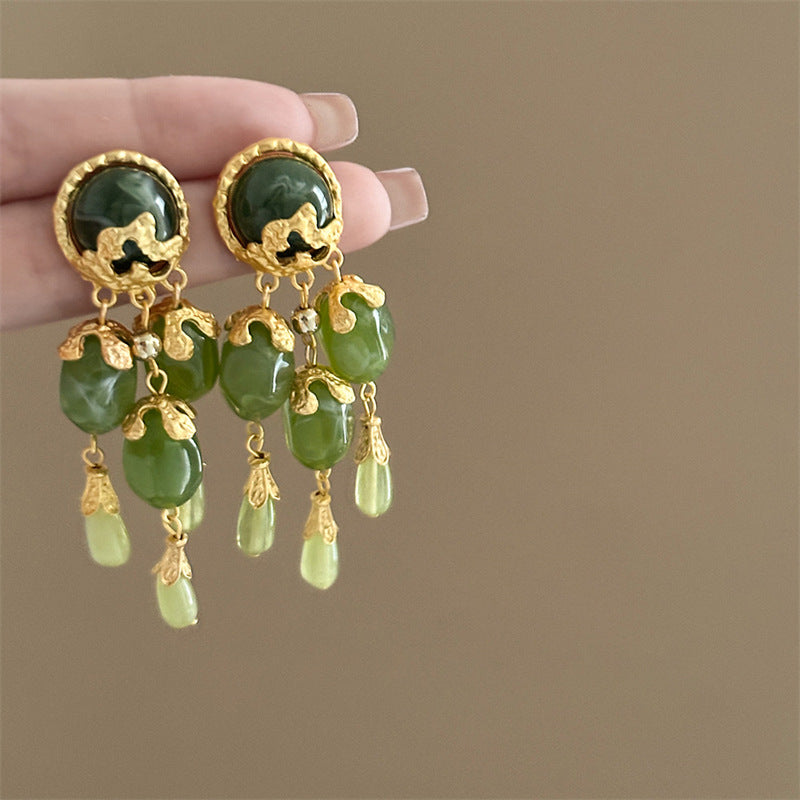 Olive Green Oval Pendant Tassel Stud Earrings – Vintage Style - view 4