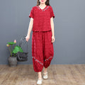 Women's Summer Ethnic Retro Plus Size Short Sleeve Loose Lantern Wide Leg Pants + Pan - Blue