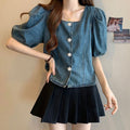 Summer Korean Versatile Puff Sleeve Square Neck Loose Cropped Shirt