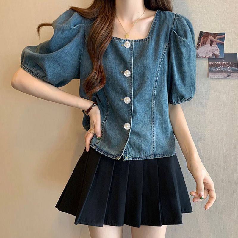 Summer Korean Versatile Puff Sleeve Square Neck Loose Cropped Shirt