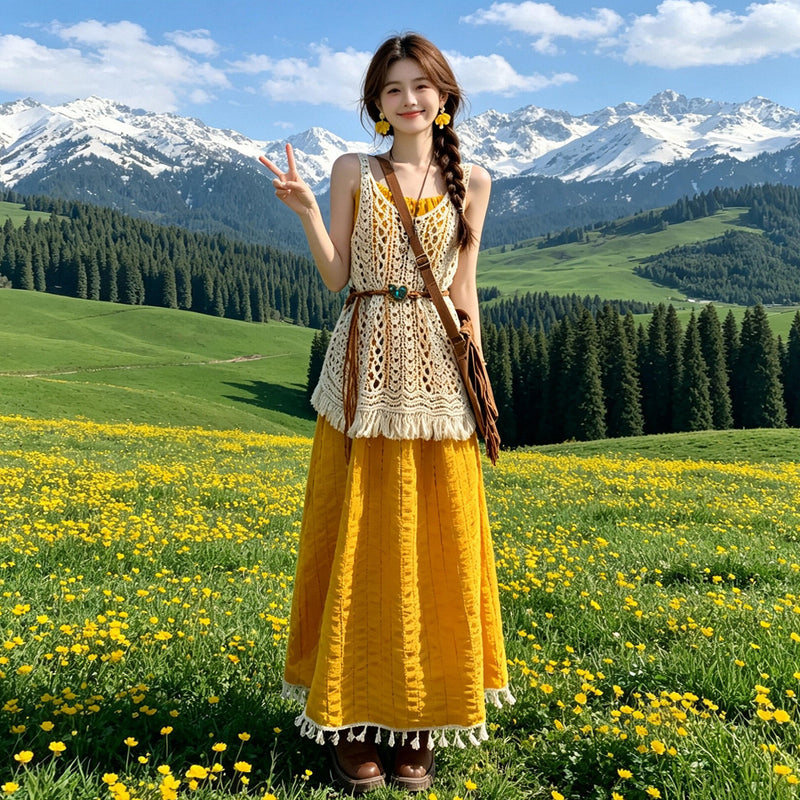 Women's Bohemian Hollow-Out Dress + Camisole Set 2026 | Elegant Summer Dress - Apricot