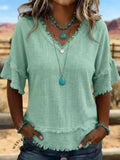 Summer Casual Short Sleeve V-Neck Loose Frayed Shirt