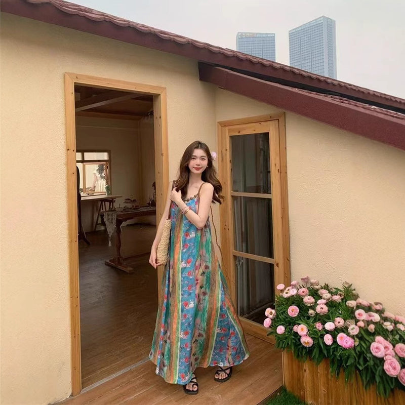 Women's Summer Vacation Retro Striped Floral Color-Block Dress + Camisole + Skirt 202