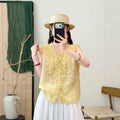 Summer Korean Youthful Ramie Sleeveless V-Neck Patchwork Lace Trim Shirt