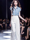 Summer Slimming Designer Short Sleeve Loose Wide Leg Shirt 2-Piece Set