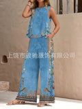 Women's Ethnic Sleeveless Slit Drapey Loose Wide Leg Pants + Tank Top 2-Piece Set 202 - 【LTA】◆1