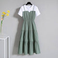 Plus Size Spliced Maxi Dress - French Style Waist-Cinching Short Sleeve with Straps