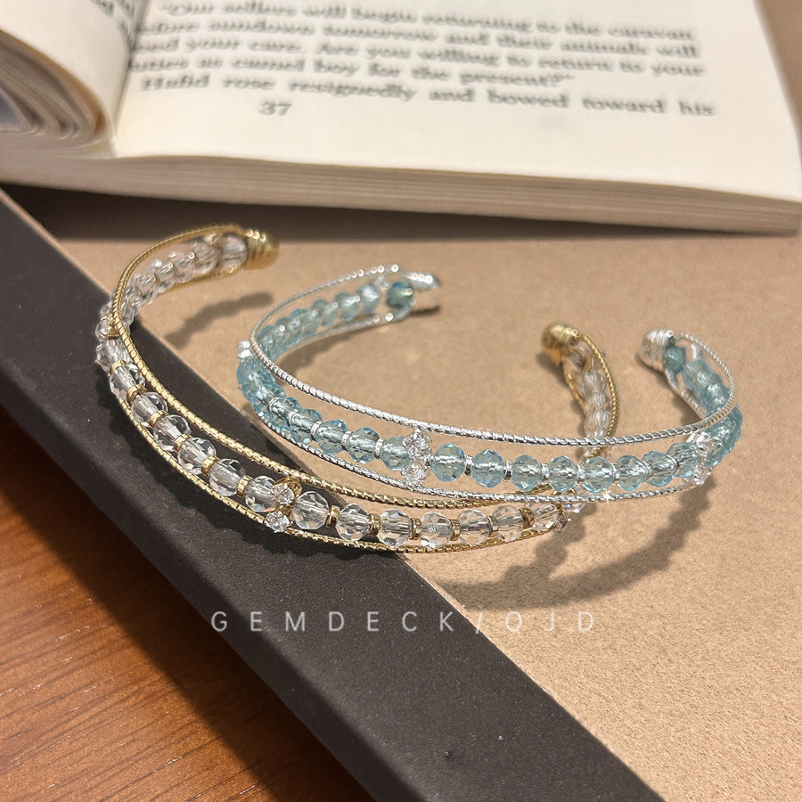 French Glass Bead Zircon Open Bangle Bracelet - view 2