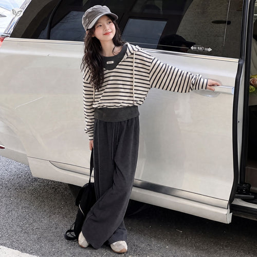 Girls' Striped Hoodie & Wide-Leg Pants 3-Piece Set