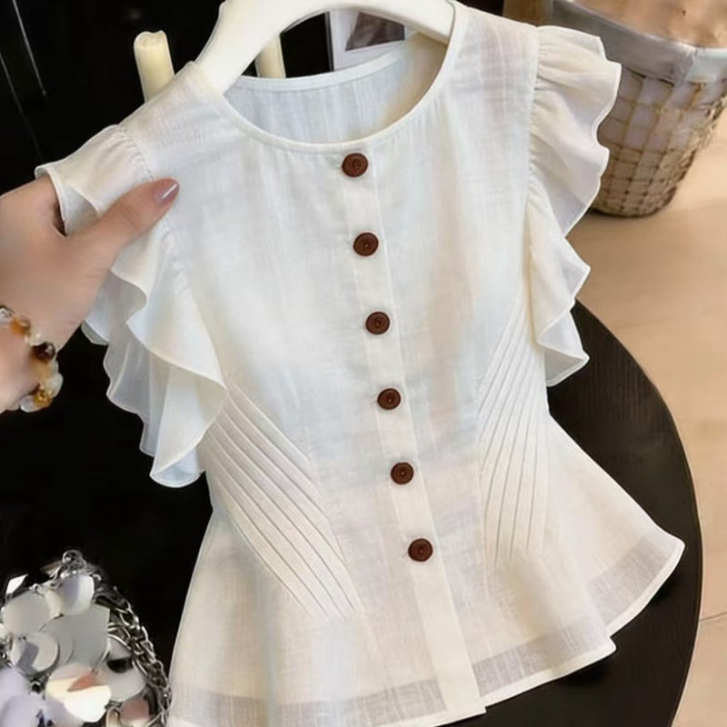 Office French Mini Flutter Sleeve Ruffle Shirt