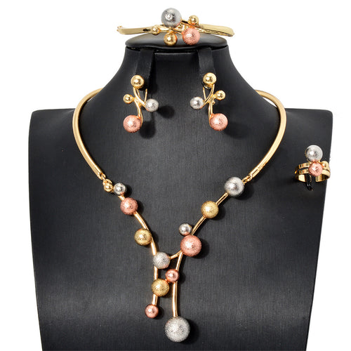 2025 Year Korean Fashionable 3 Color Round Bead Necklace Bracelet Set Earrings Ring Set Retro Accessory Long Sweater Chain