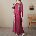 Summer Fashion Elegant Linen Cotton Embroidered Wide Leg Pants + Pants + Top Set