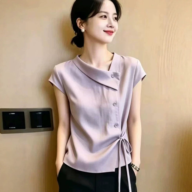 Summer Elegant Slimming Short Sleeve Tie-Front Asymmetric Shirt