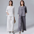 Women's Summer Zen Ethnic Linen 3/4 Sleeve 2-Piece Set 2026 | 2 Piece Outfit Set - Gray Set
