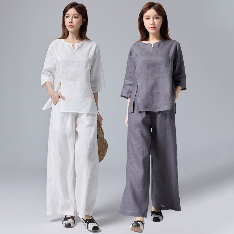 Women's Summer Zen Ethnic Linen 3/4 Sleeve 2-Piece Set 2026 | 2 Piece Outfit Set - Gray Set