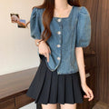 Summer Korean Versatile Puff Sleeve Square Neck Loose Cropped Shirt