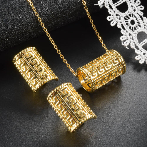 Ancient Greece Retro Bead Gem Fashionable Cutout Carve Engrave Greece Return Pattern Slub Necklace Earrings Set Women New