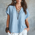 Spring-Summer Casual Linen Short Sleeve V-Neck Loose Shirt