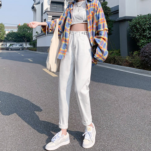 Women's White High Waist Harem Boyfriend Pants