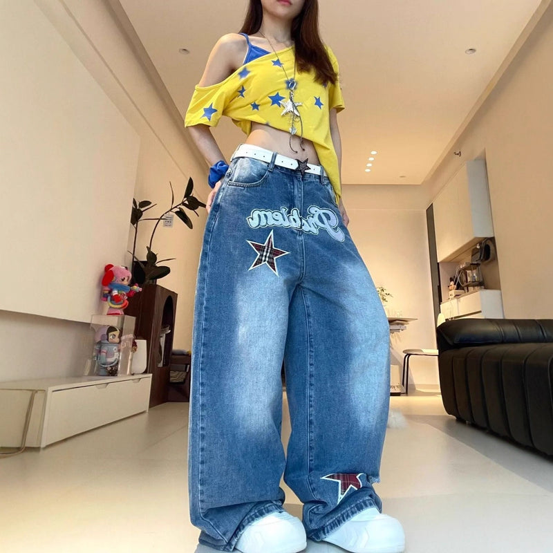 Summer Retro Slimming Letter Print Loose Wide Leg Pants + Pants