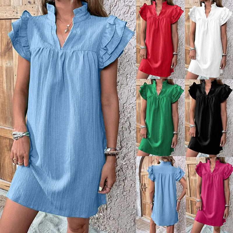 V-Neck Ruffle Sleeve Dress - Fashion Multi-Layer Petal Sleeve Pullover Dress