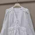 French Elegant Pearl White Dress - Embroidered Hollow V-Neck 3/4 Sleeve Dress