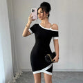 Knit Bodycon Dress - Color Block Black White Off-Shoulder Short Sleeve Dress