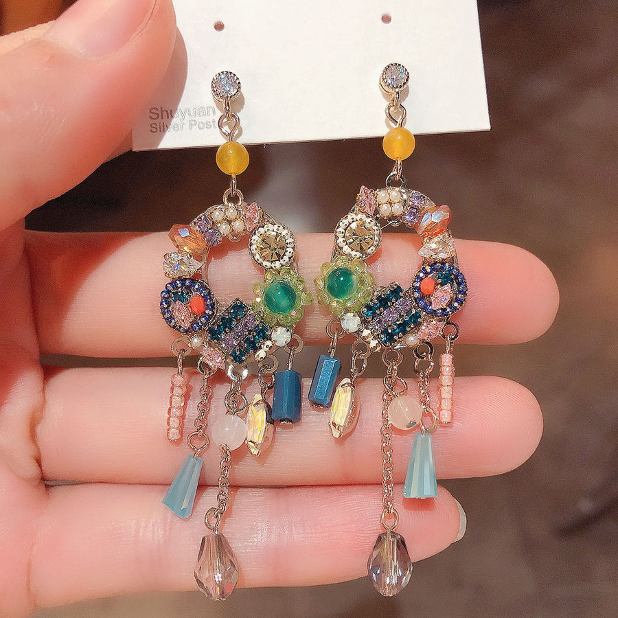 Bohemian Crystal Flower Tassel Earrings - view 2