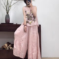 Women's Summer Artistic Retro Ramie Embroidered Loose Straight Leg Wide Leg Pants + T - Tank