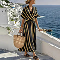 V-Neck Short Sleeve Flare Dress - Pleated Wide Swing Summer Vacation Dress Women