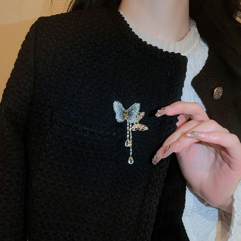 Rhinestone Butterfly Flower Tassel Brooch - view 10