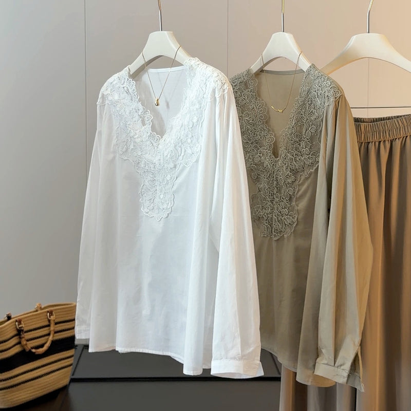 Summer French Lace Long Sleeve V-Neck Patchwork Heavy Shirt