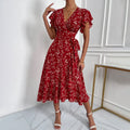 Women's Deep V Tie Waist Floral Vacation Maxi Dress