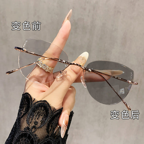 Light-Changing Prescription Glasses Influencer Rimless Glasses Pure Seduction Gold Silk No Rim Ultra-Light Glasses Frame Fashionable Prescription Sunglasses