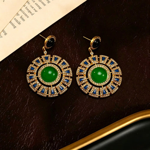 Neo-Chinese Full Diamond Retro Round Dial Drop Vintage Geometric Earrings Light Luxury Personality Elegant Feel Stud