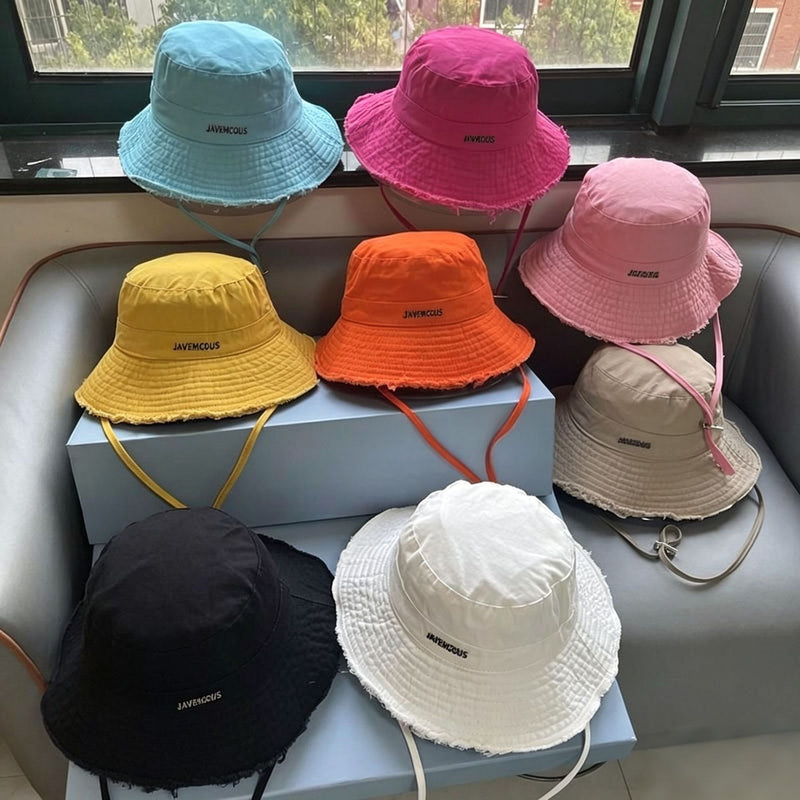 泫雅同款夏季渔夫帽女水洗毛边大帽檐遮阳帽简约百搭度假风防晒帽