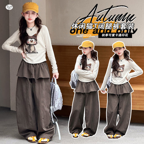 Girls' Cartoon Print Tee & Wide-Leg Pants Set