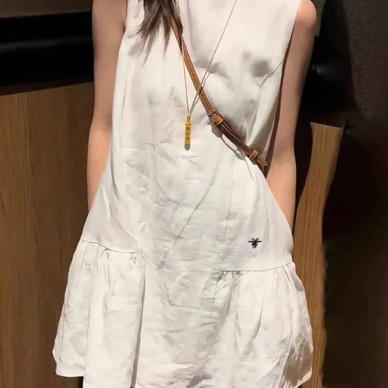 White Embroidered Sleeveless A-Line Short Dress for Petite Women