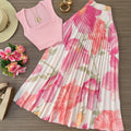 Summer French Slimming Printed Fitted Pleated Skirt + Top Set
