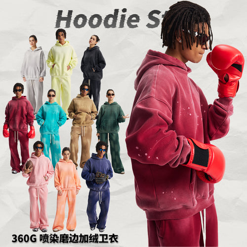 Fall/Winter 360G Washed Distressed Splatter Print Spray-Dye Faded Frayed Edge Fleece-Lined Hoodie