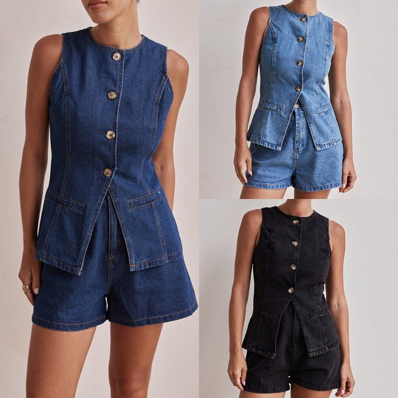 Spring-Summer Fashion Sleeveless Waist-Tie High Waist Loose Shorts Set