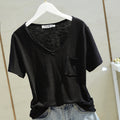 Bamboo Cotton V-Neck T-Shirt - Solid Color Patch Pocket Short Sleeve Top Women