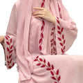 Turkish Style Pink Chiffon Plant Print Embroidered Long Dress