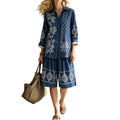 Women's Ethnic Casual Jacquard 3/4 Sleeve Loose Wide Leg Pants + Shirt 2-Piece Set 20 - Dark Blue